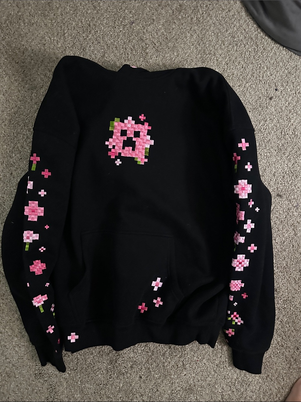 Black Hoodie Sweatshirt with Pink Cherry Blossom Minecraft Floral Design